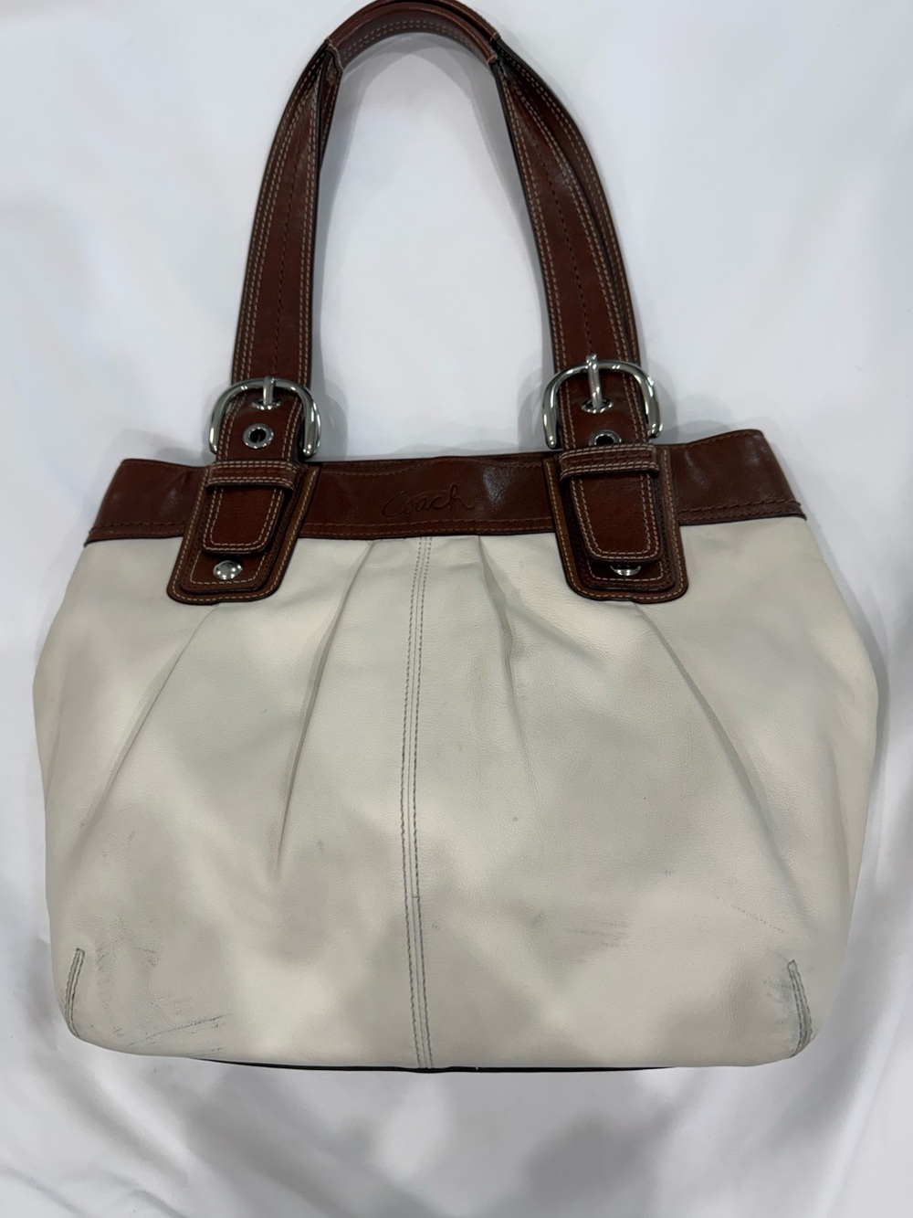 Coach Soho Ivory & Brown.Pleated Leather Shoulder Bag. Scuffs Look at PHOTOS